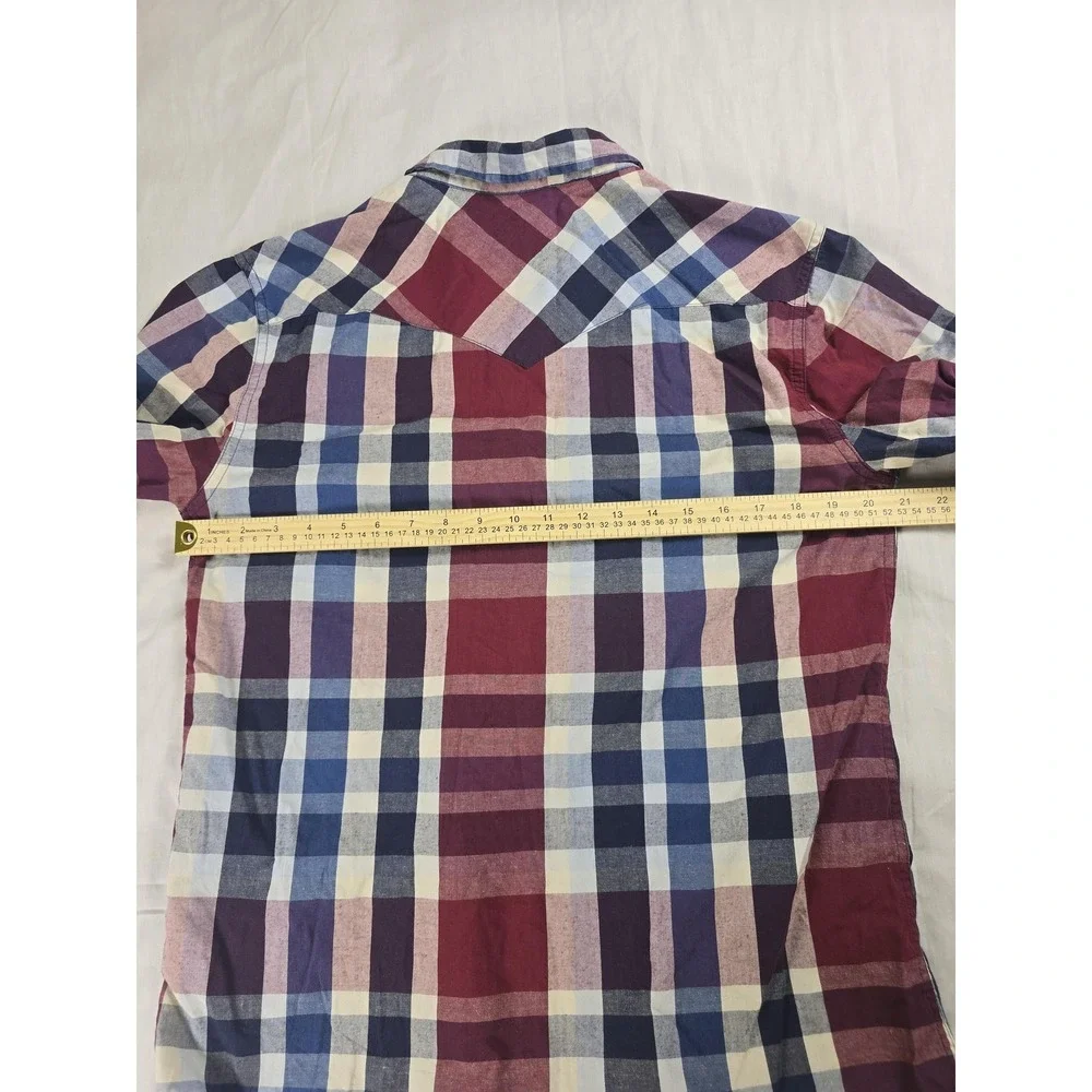 Levi's Shirt Mens Medium Red Blue Plaid Western Pearl Snap Long Sleeve Casual